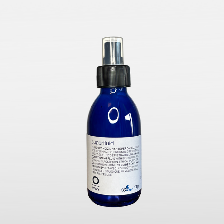 Oway Blue-Tit-Finest Fluid Previously Superfluid 4.7oz. Blue bottle, white lable, blue letters, black tap spray. At Ippodaro Natural Salon, San Antonio, TX