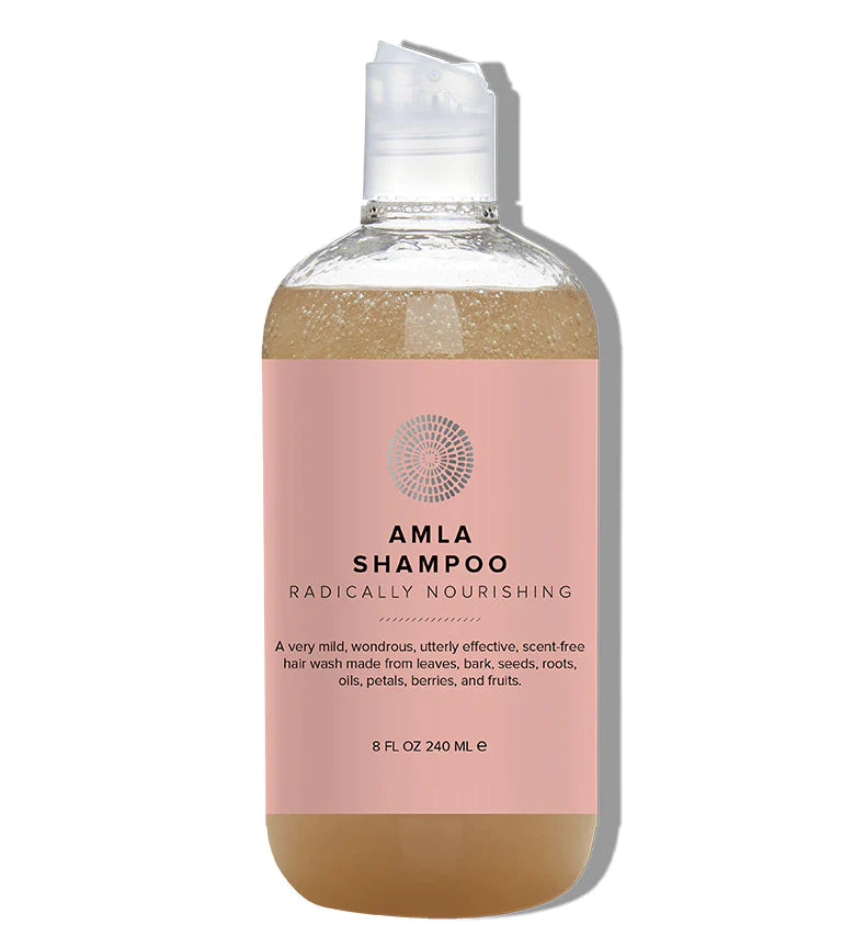 amla shampoo radically nourishing. a very mild, wonderous, utterly effective, scent free hair wash made from leaves, bark, seeds, roots, oils, petals, berries, and fruits