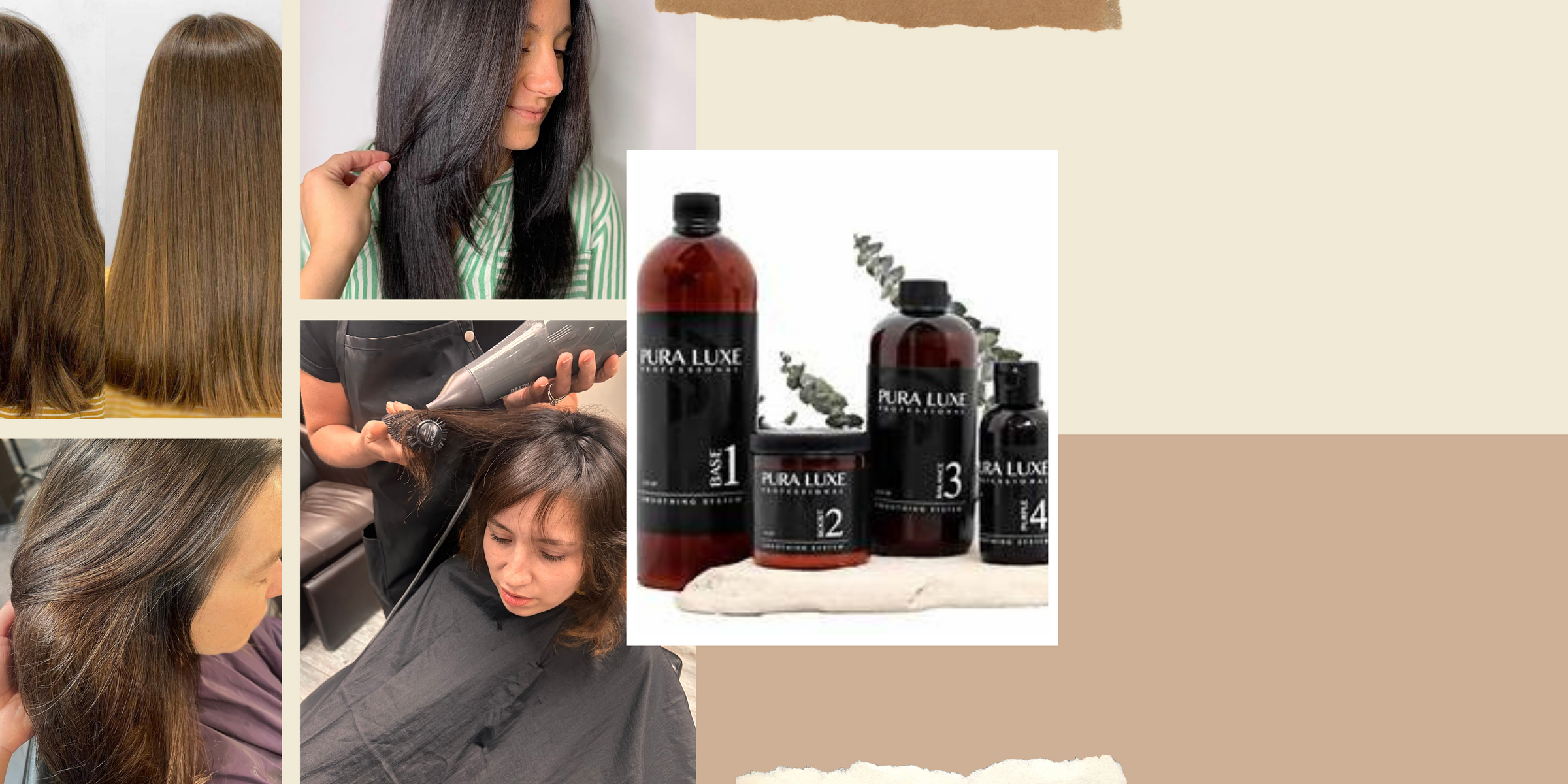 Collage of hair care products with bottles labeled '1', '2', '3', and '4' on a neutral background.