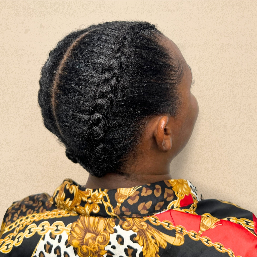 This is an image of an updo, photographed from the back, showcasing two beautiful braids done by a stylist at Ippodaro Natural Salon, in San Antonio, Texas.
