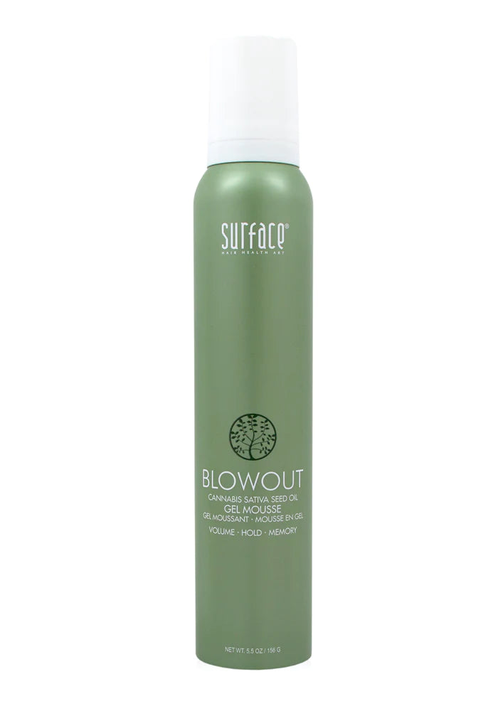 Surface Blowout Gel Mousse 5.5oz. White background, green mousse can, white cap, white lettering, with a dark green plant symbol. 