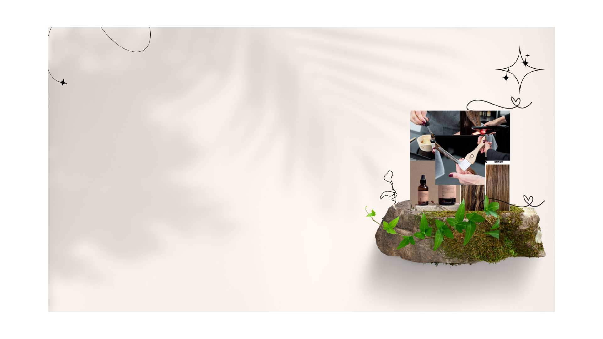 Small inset image of a product on a rock with greenery, surrounded by decorative elements on a light gray background.